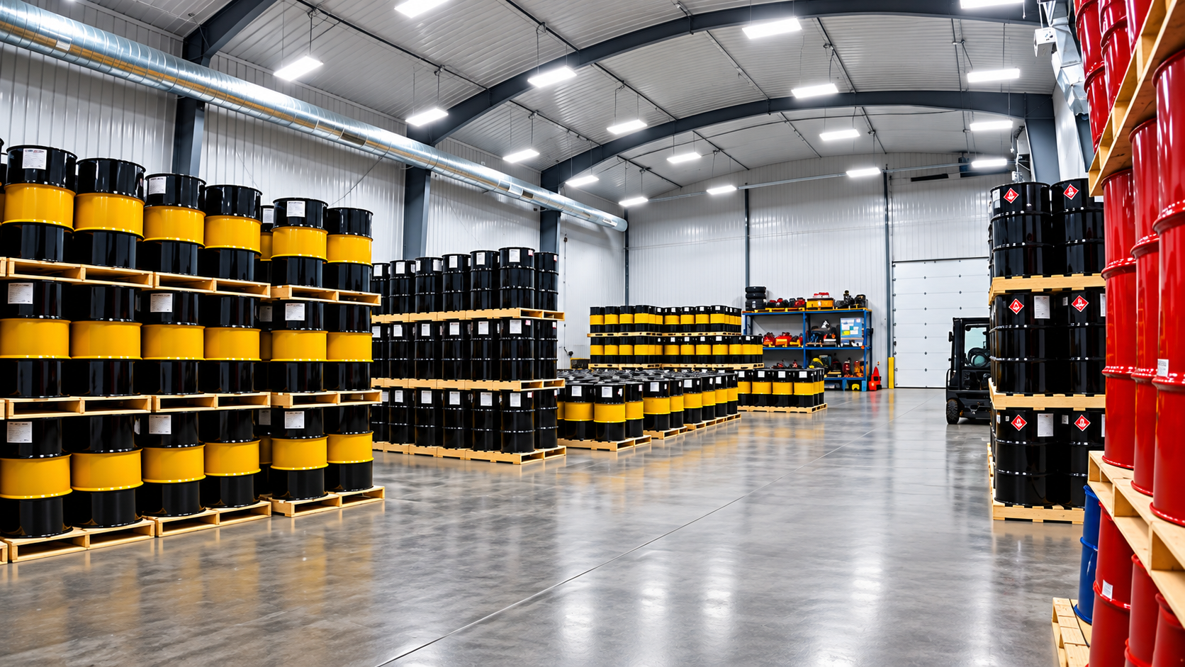 Rows of fuel drums stored inside our partnered aviation fuel drumming facility