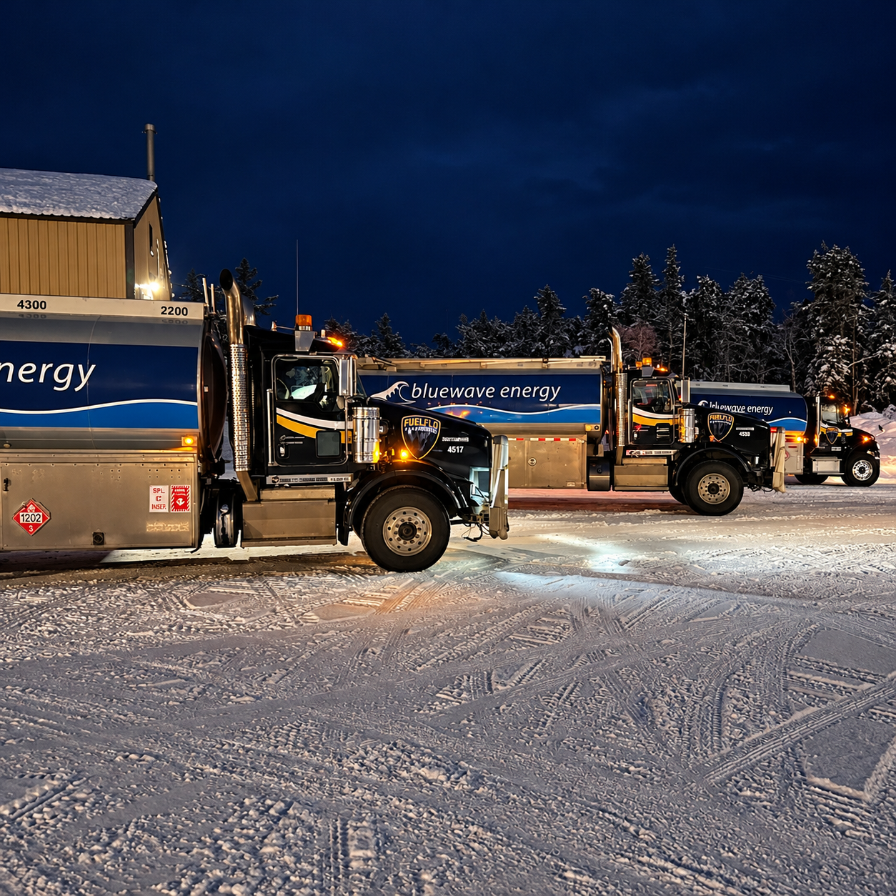 Three Bluewave Energy tanker trucks parked in a snow-covered yard at dusk