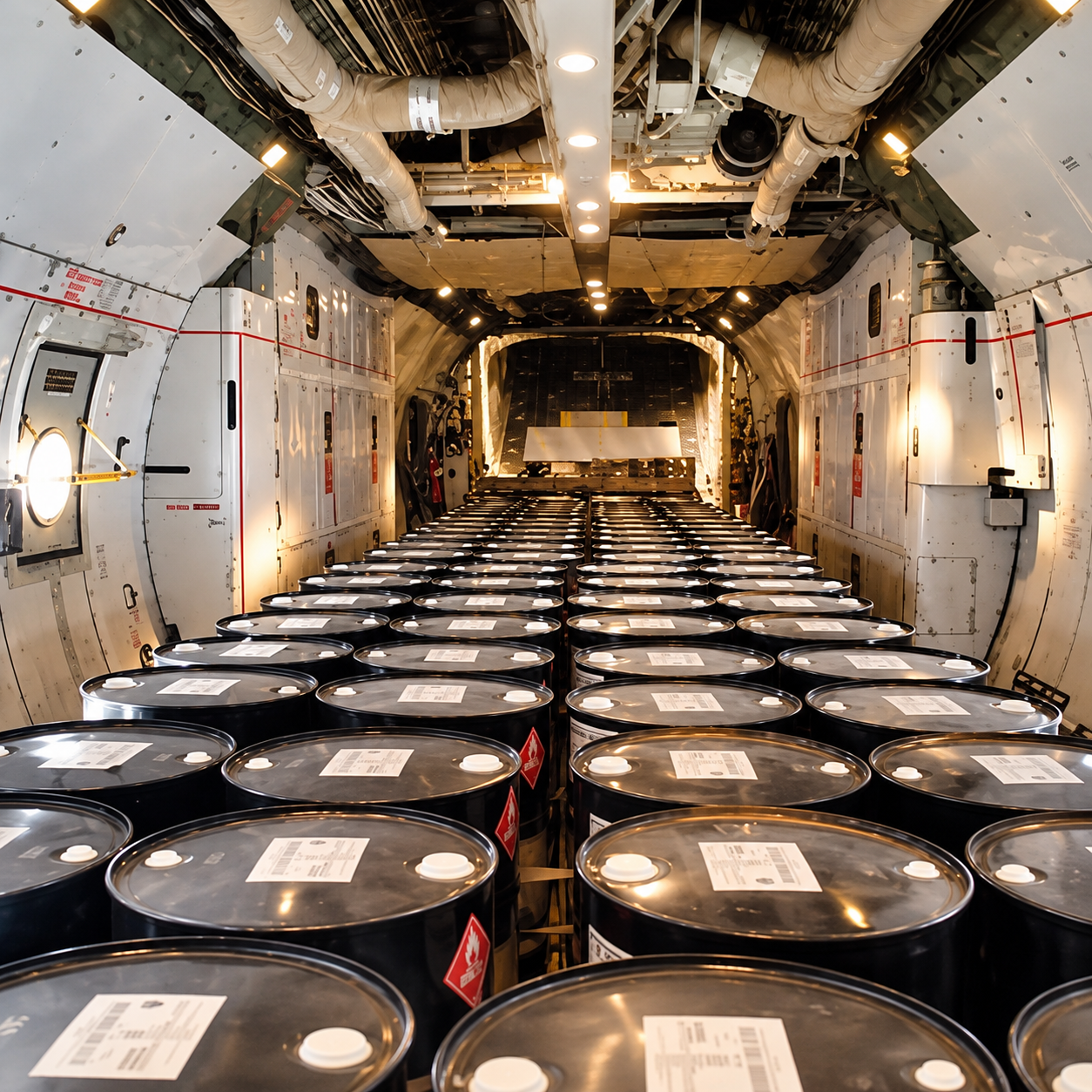 Rows of black fuel drums with hazard placards filling an aircraft cargo hold